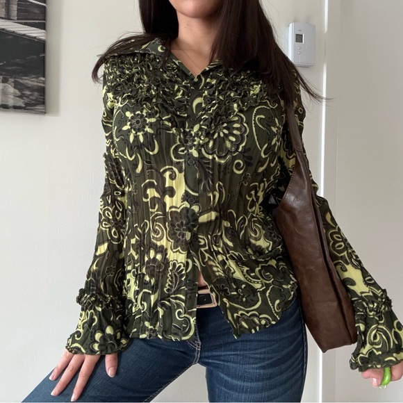 Vintage Boho Ruffle Button-Down Mesh Blouse - Picture 2 of 6